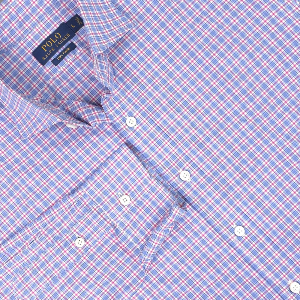 Polo Ralph Lauren Shirt Mens Large Blue Pink Check 120s Poplin Cotton Dress